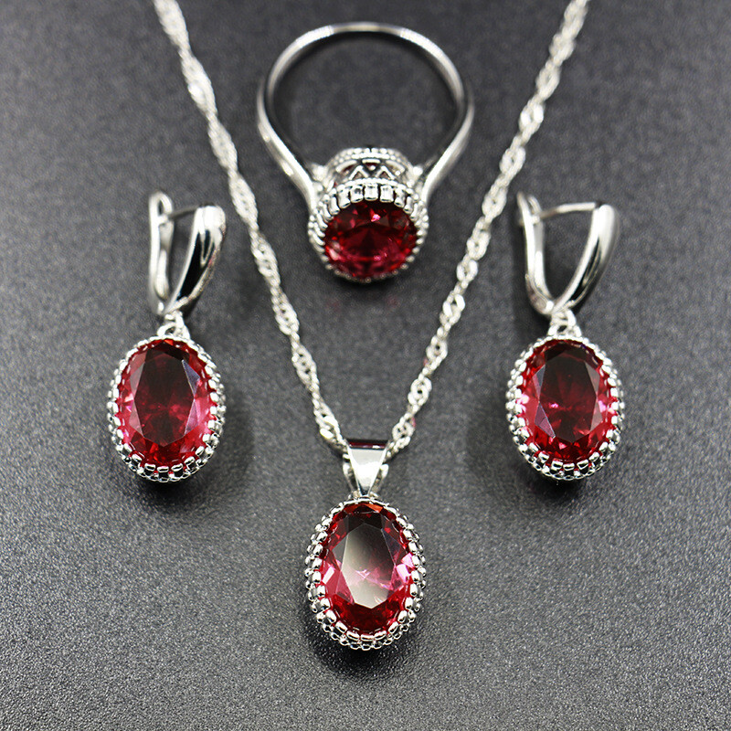 New Women Jewelry Set Oval Rose Red Garnet Gemstone Silver Necklace Ring Earring