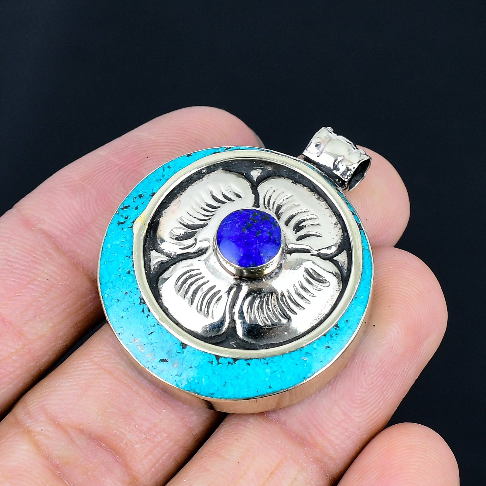 Lapis Lazuli Turquoise 925 Sterling Silver Handmade Nepali Pendant 1.7″ PG 2406