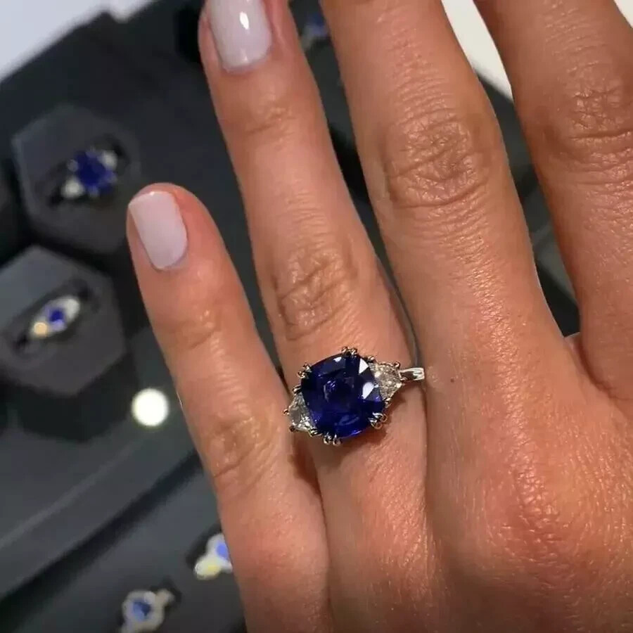 Art Deco Style Lab Created Diamond & Sapphire Engagement 14K White Gold FN Ring