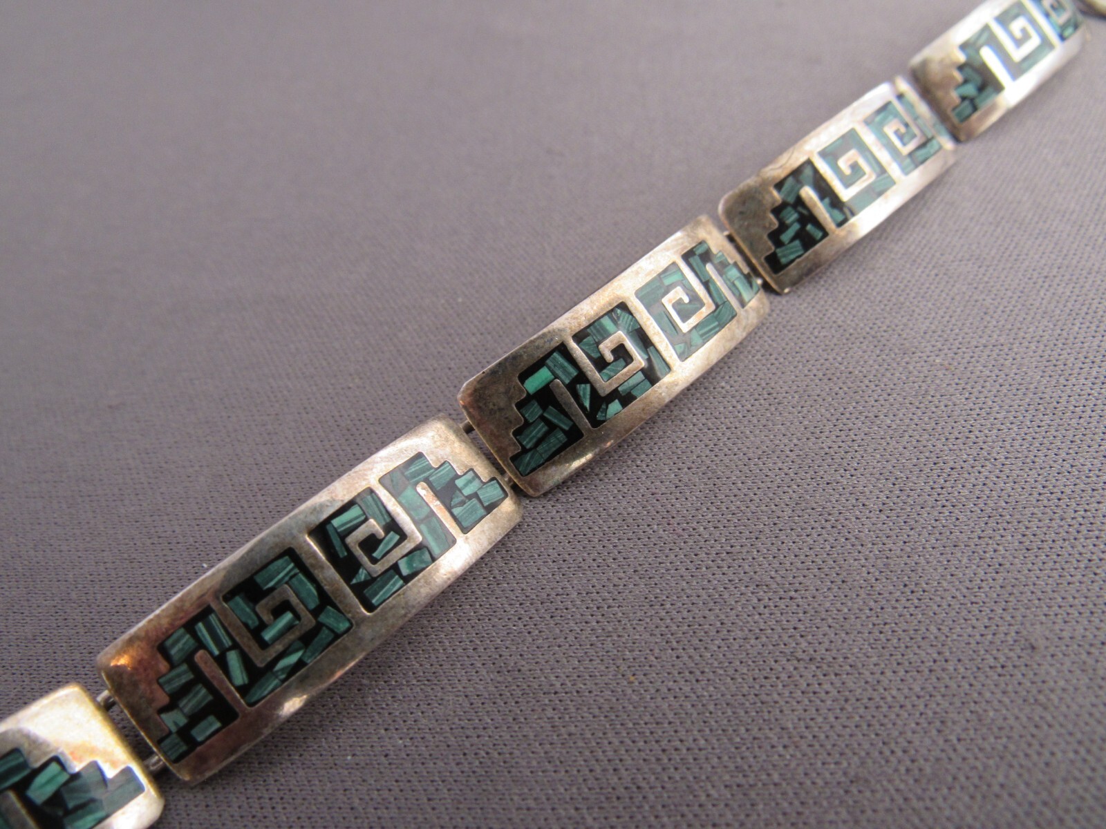 VINTAGE ALPACA NICKLE SILVER CURVE BAR GREEK KEY TURQUOISE INLAY TENNIS BRACELET