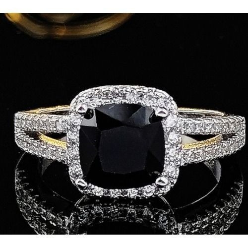 Black Cushion Cut Halo Ring Silver Tone Split Shank Costume Jewelry Size 7
