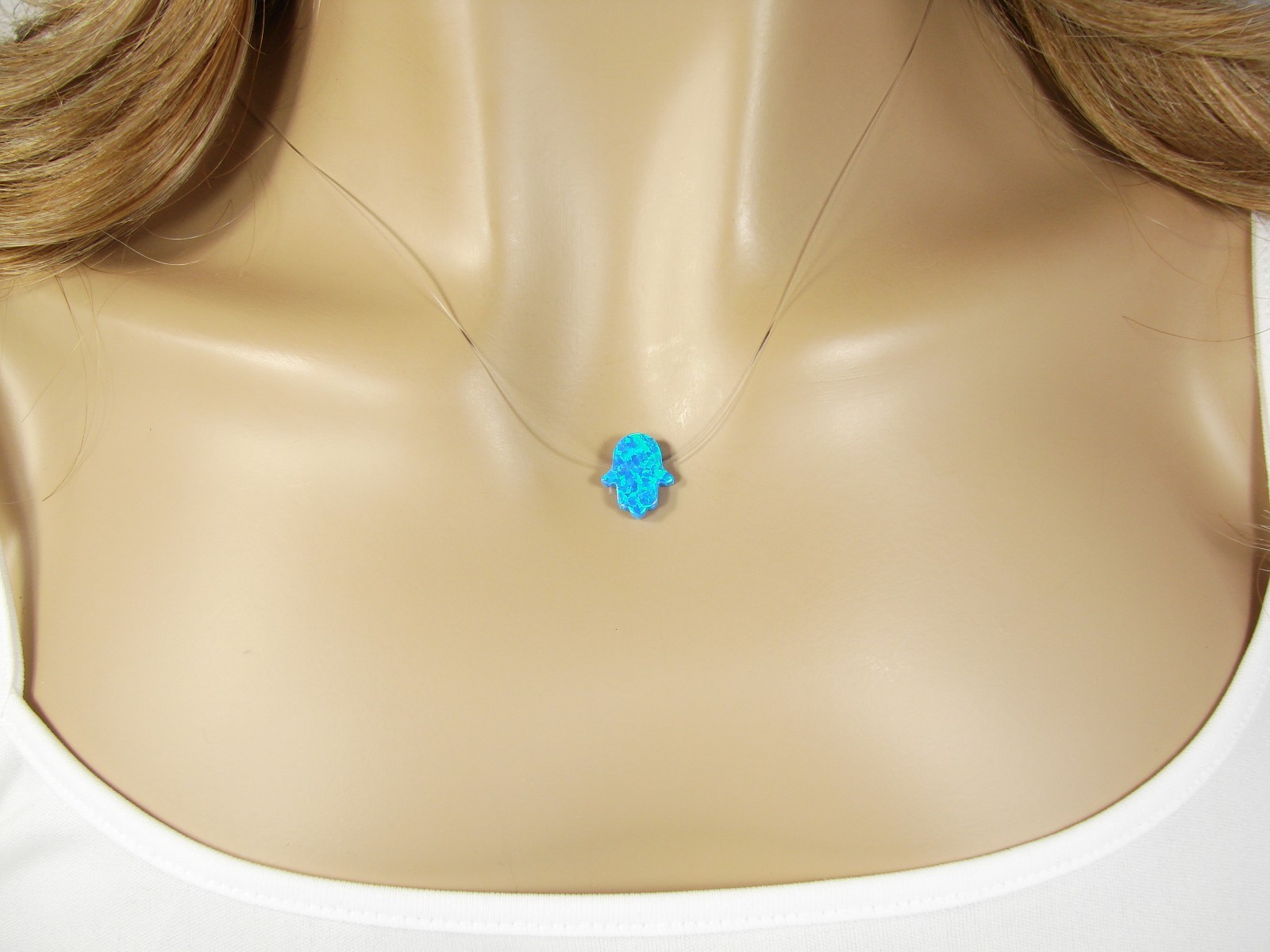 Opal Hamsa Hand Necklace Floating illusion Clear Fishing Line Nylon Silver Clasp