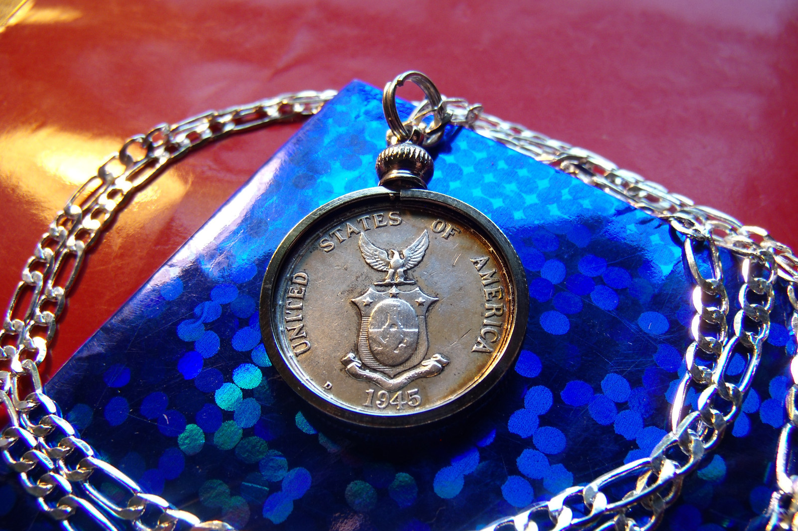 1945 Philippines Silver Perched Eagle USA Coin Pendant on a 22″ 925 Silver Chain
