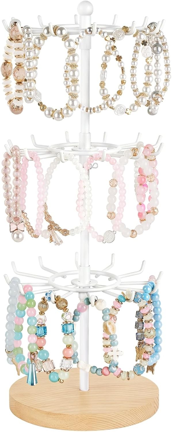 Gold Rotating Bracelet Stand 3 Tier 36 Hooks Wood Base, Jewelry Display Tower