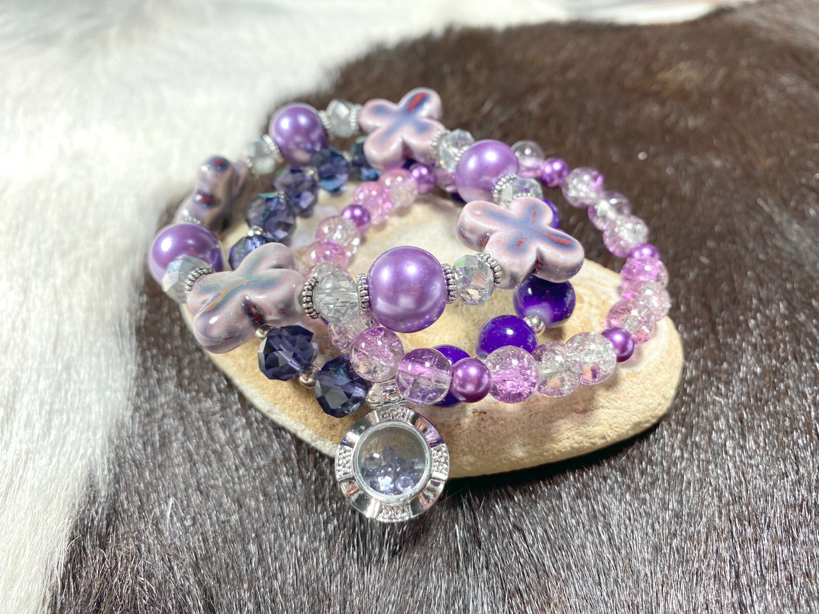 Stackable Beaded Bracelets PURPLE crystal charms Beaded Stretch Bracelet 3 pcs
