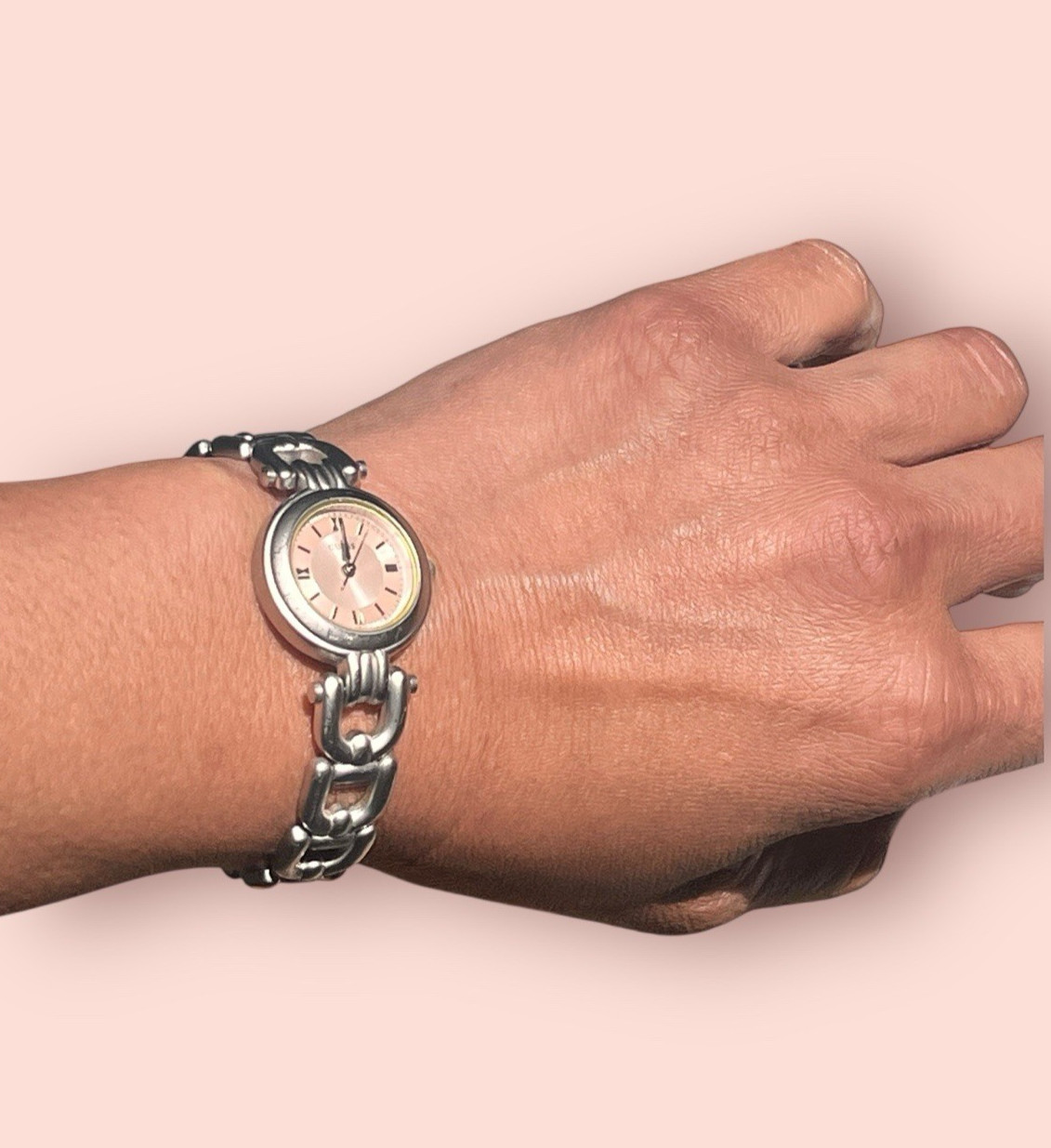 Vtg Guess Women Working Watch Pink Brushed Silver Chain Fold Over Clasp 6.75″
