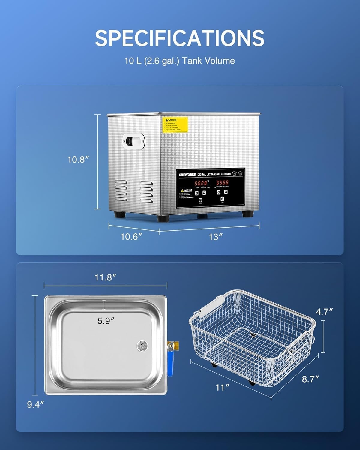CREWORKS 10L Digital Ultrasonic Cleaning Machine with Heater & Timer,