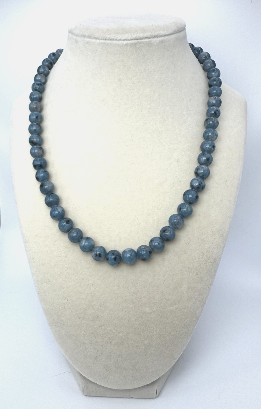 Blue Jasper Bead Necklace Sterling Silver Clasp Single Strand Gemstone Boho