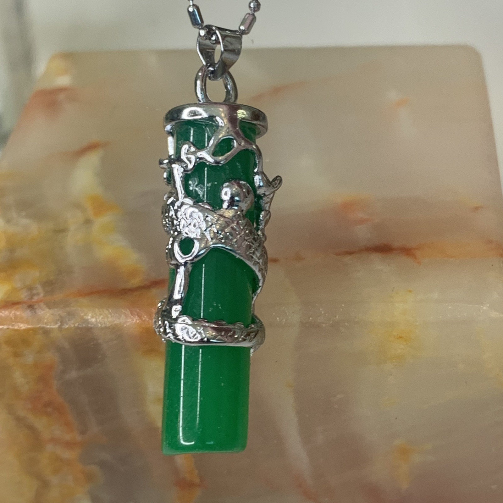 Dragon Coil Green Jade Pillar Men Women Column Pendant Chain Necklace 18KWGP 16″