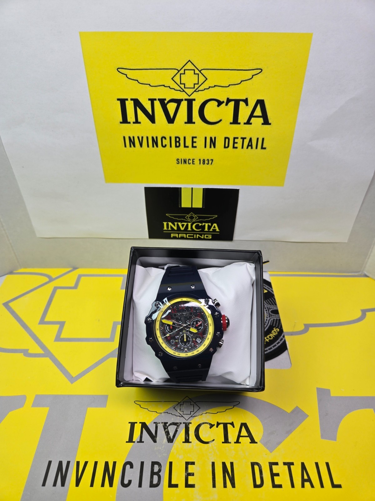 Invicta Racing Valyron Dark Blue/Yellow/Red 43.5mm Men’s Watch w/ Black Dial NEW