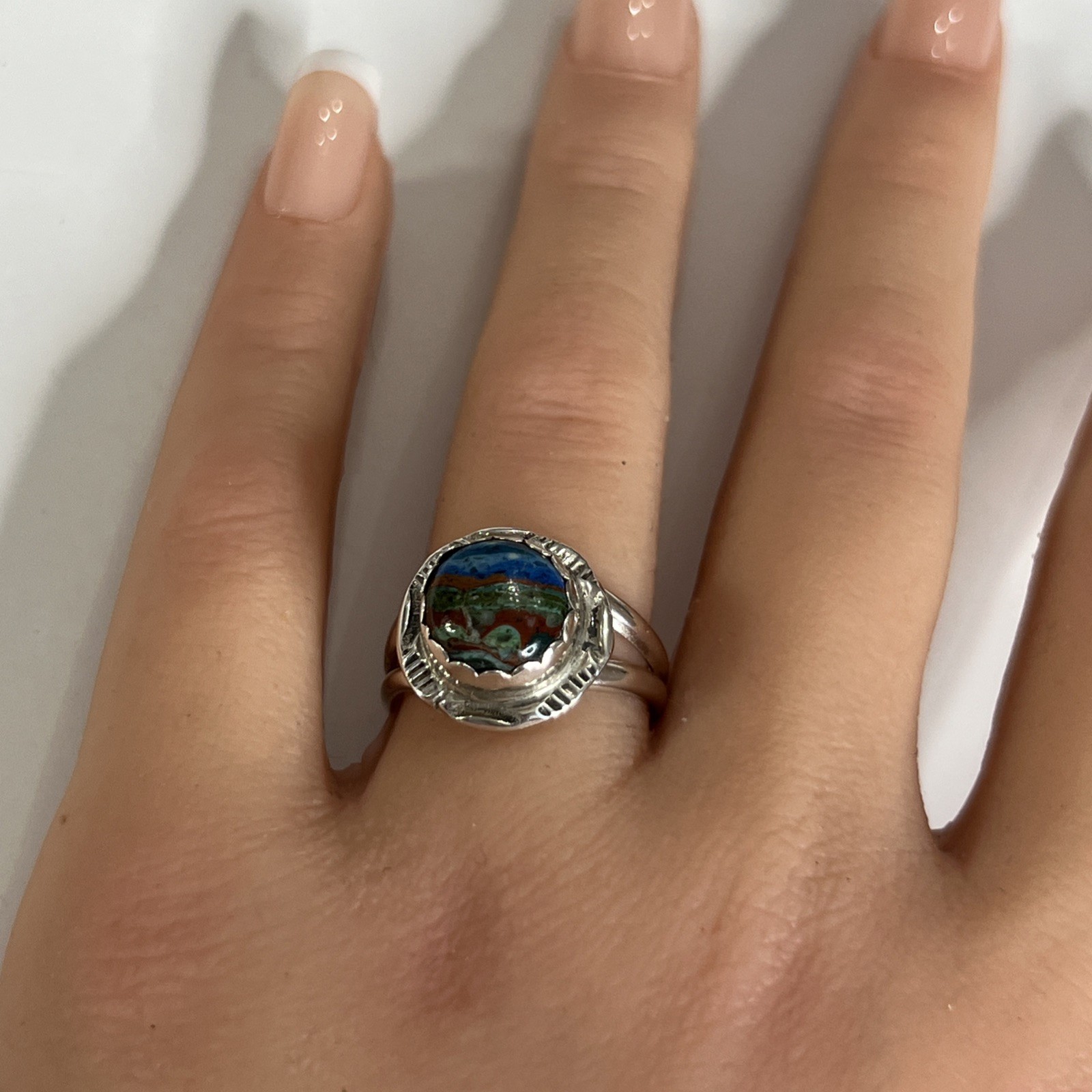 Vintage HT Native American Rainbow Calsilica Ring Sz 8 Sterling Signed Stamped