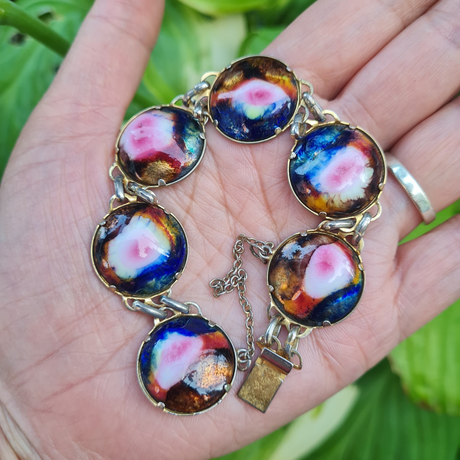Multicoloured Art resin Bracelet With Safety Chain 7″