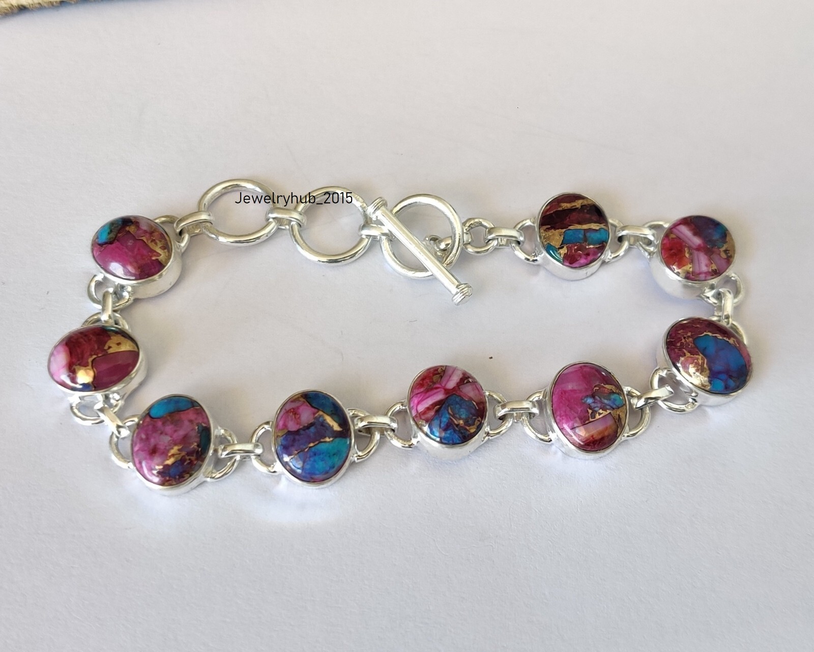 Pink Oyster Copper Turquoise Gemstone 925 Sterling Silver Bracelet MO5121