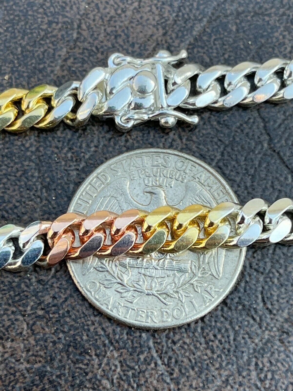 Tri Color Solid 925 Silver Rose & 14k Gold Plated Miami Cuban Necklace Bracelet