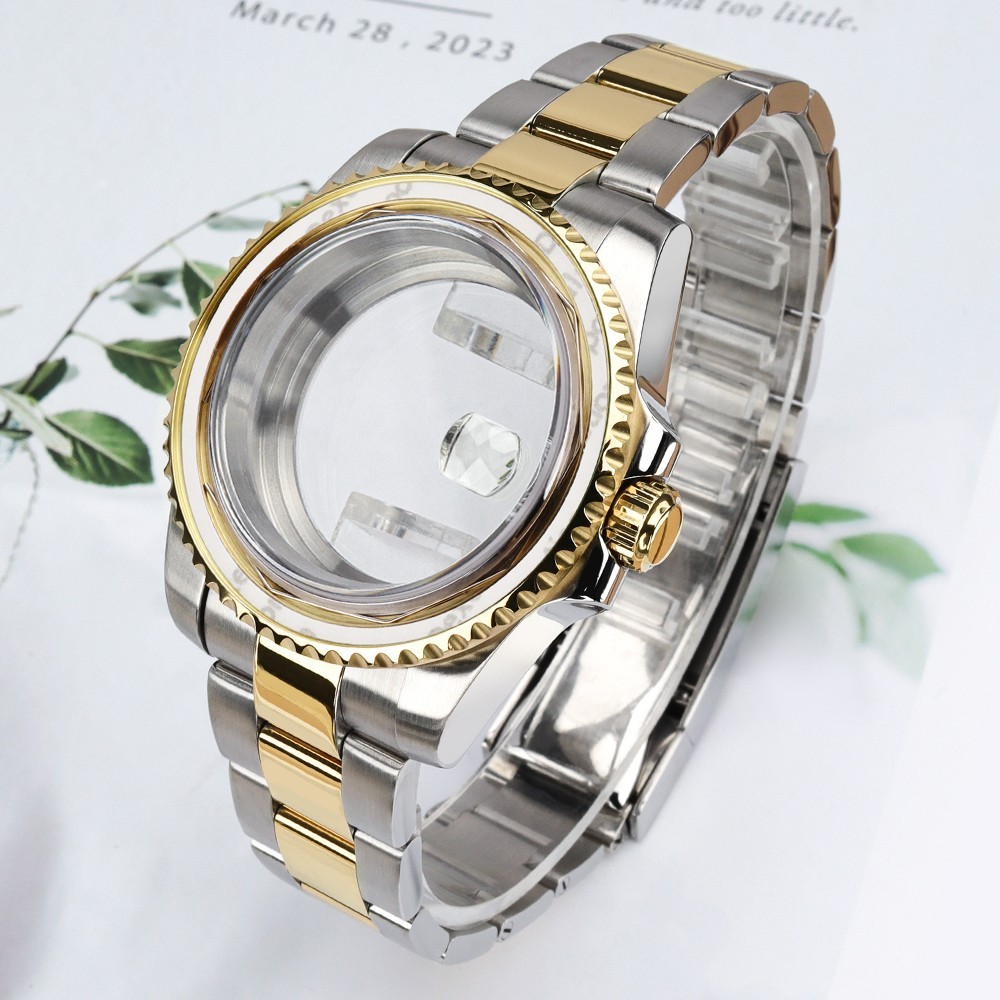 40mm SUB Watch Cases Bracelet Two Tone Gold Luminous Bezel For Janpan NH35 NH36