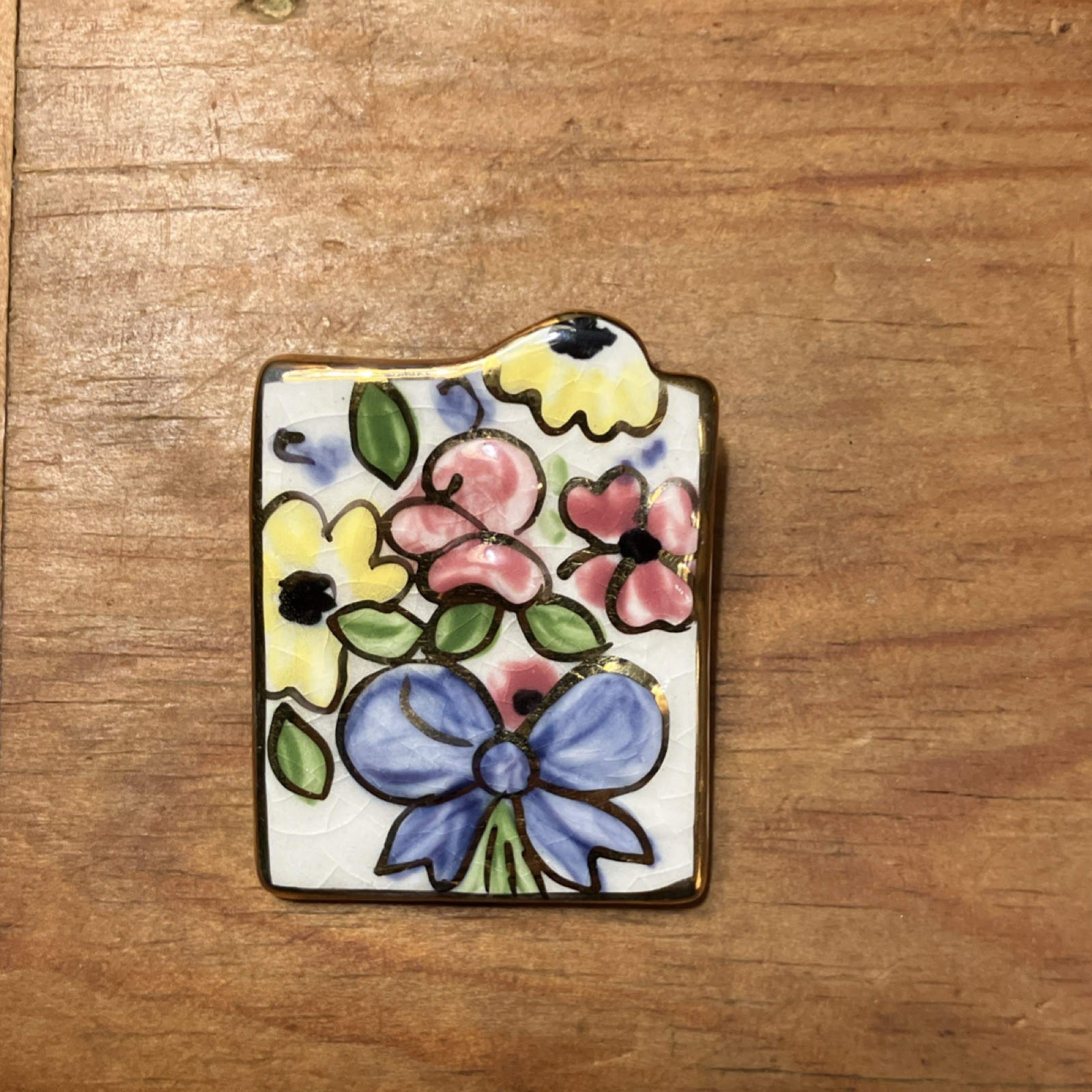 Handcrafted Multicolor Ceramic Enamel Floral Rectangle Brooch Pin, No Stone