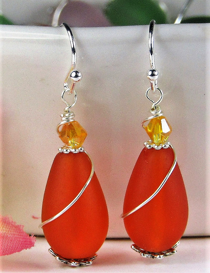 Teardrop-Shaped Frosted Sea Glass Silver Swirl Wire Ladies Dangle Earrings