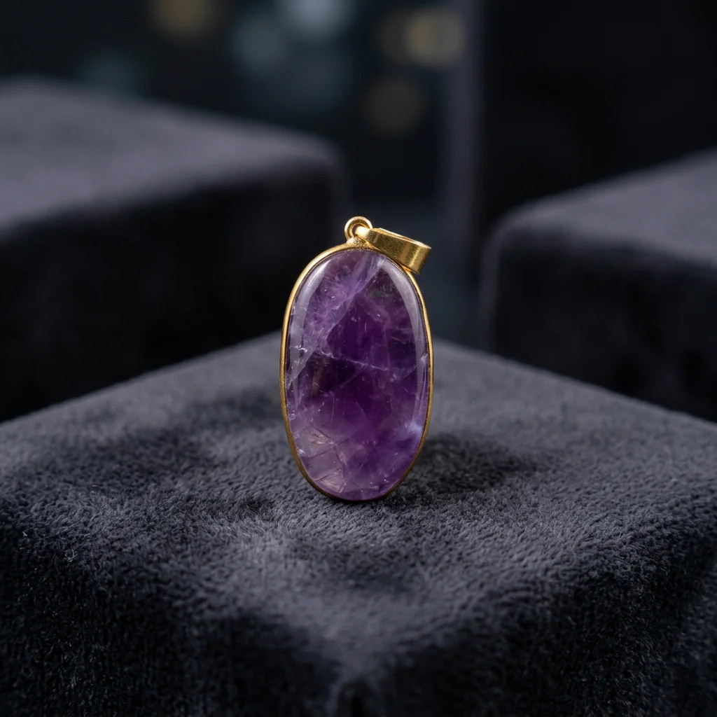 Natural Amethyst Brass Pendant Purple Gemstone Cabochon Handmade Jewelry Boho