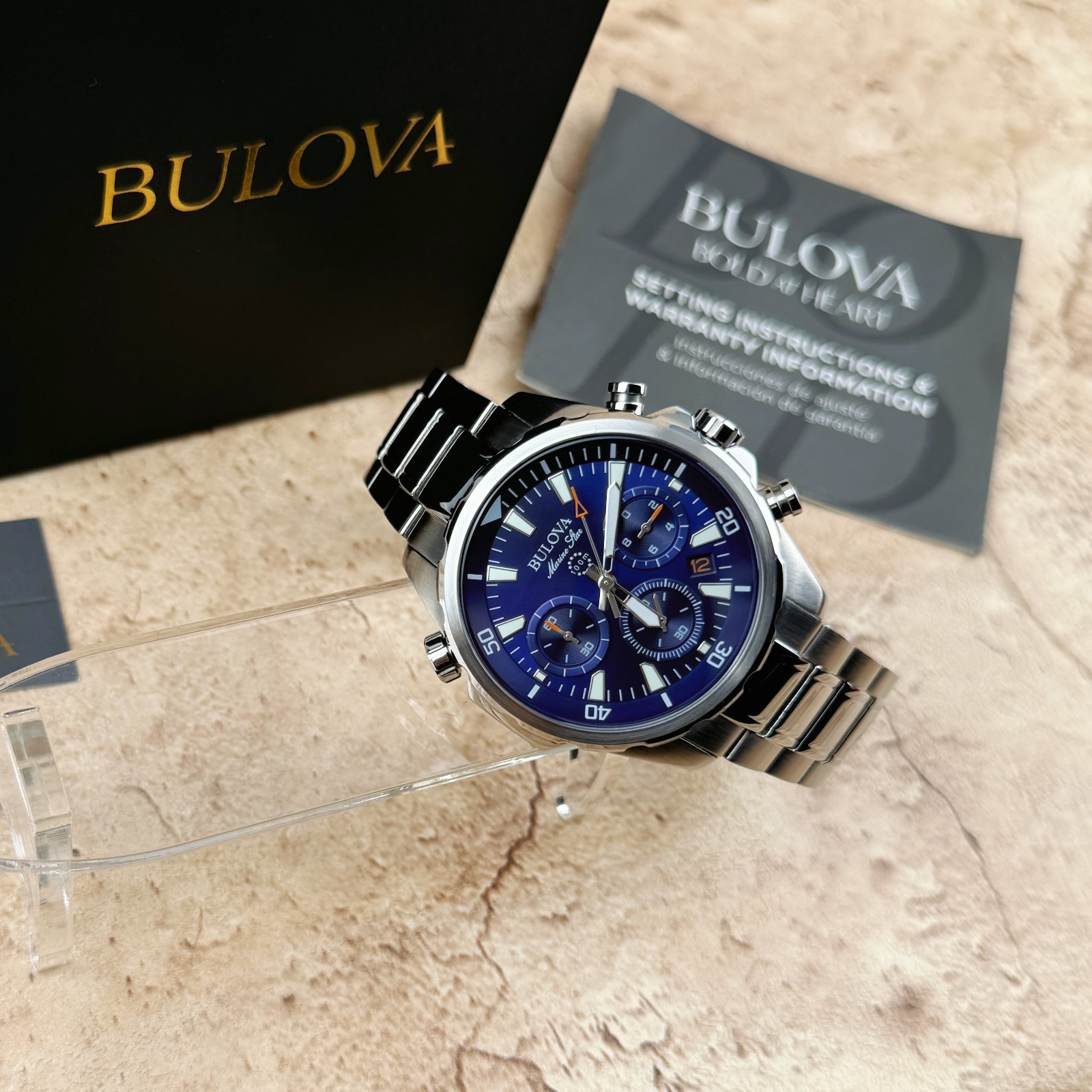New Bulova Marine Star Classic Blue Dial Chronograph Men’s Quartz Watch 96B256