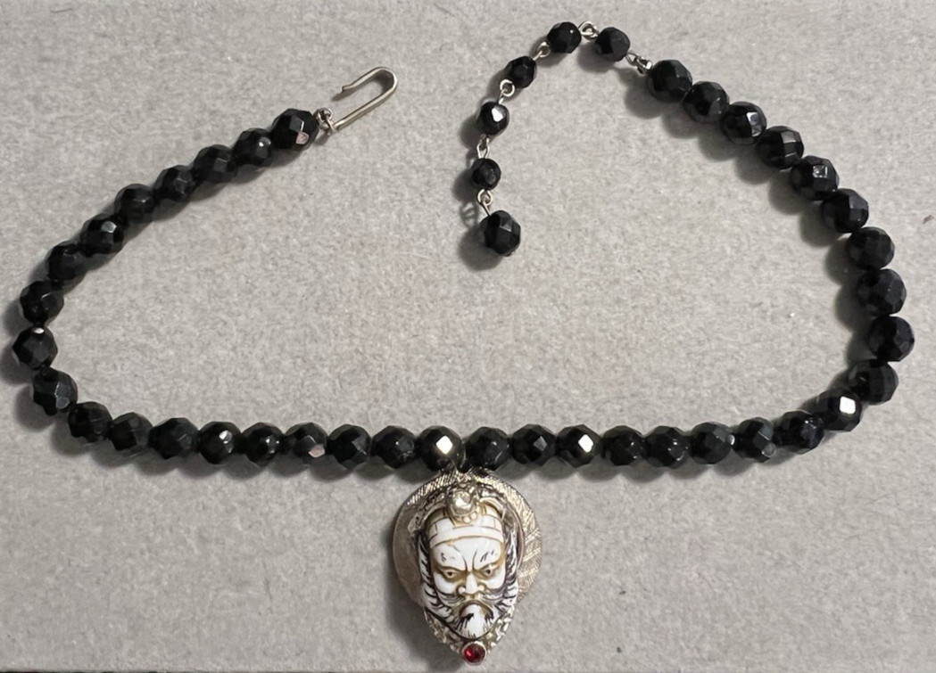 Vintage 15” Black Crystal Faceted Beaded Choker With Asian Warrior Pendant