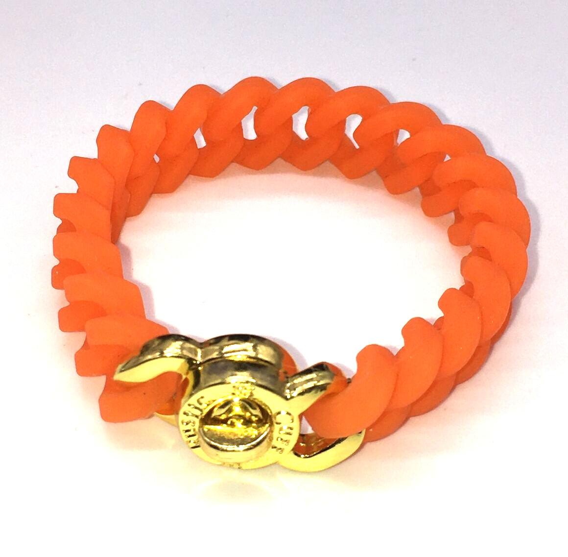 Rustic Cuff Gold Tone Logo Turn Lock Orange Silicone Stretch Mock Chain Bracelet
