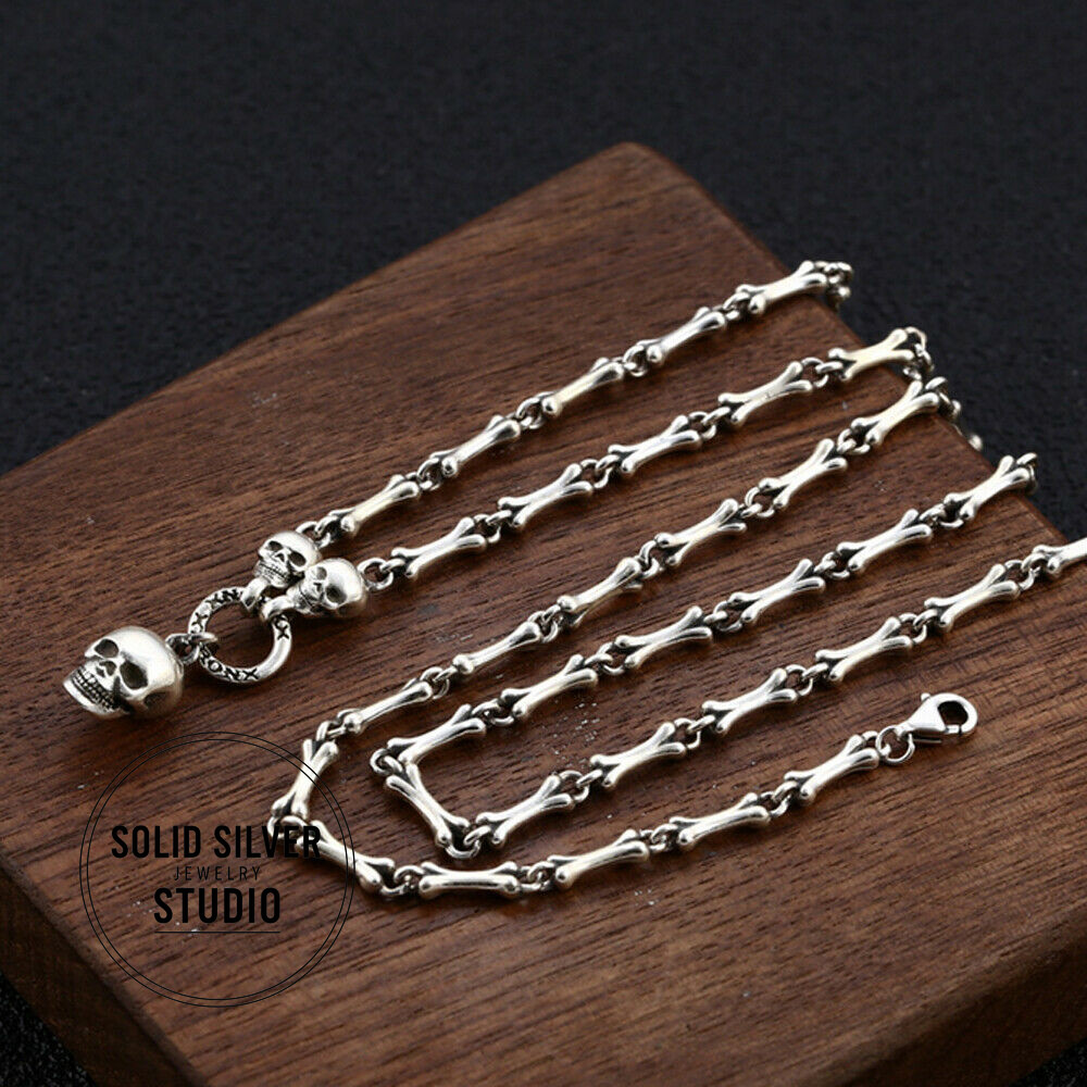 Authentic Solid S925 Sterling Silver Skull Bone Joining Necklace Pendant Chain