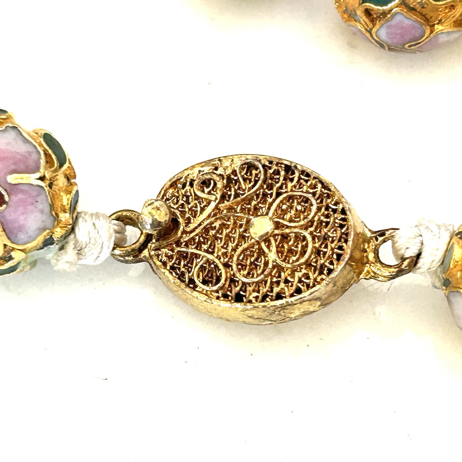 Vintage Chinese Export Cloisonne Enamel Bead Necklace Gold Tone Floral 26”