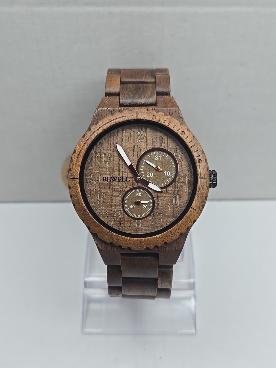 Bewell Black Walnut Wooden Watch Quartz Date Seconds Subdials Brown New Battery
