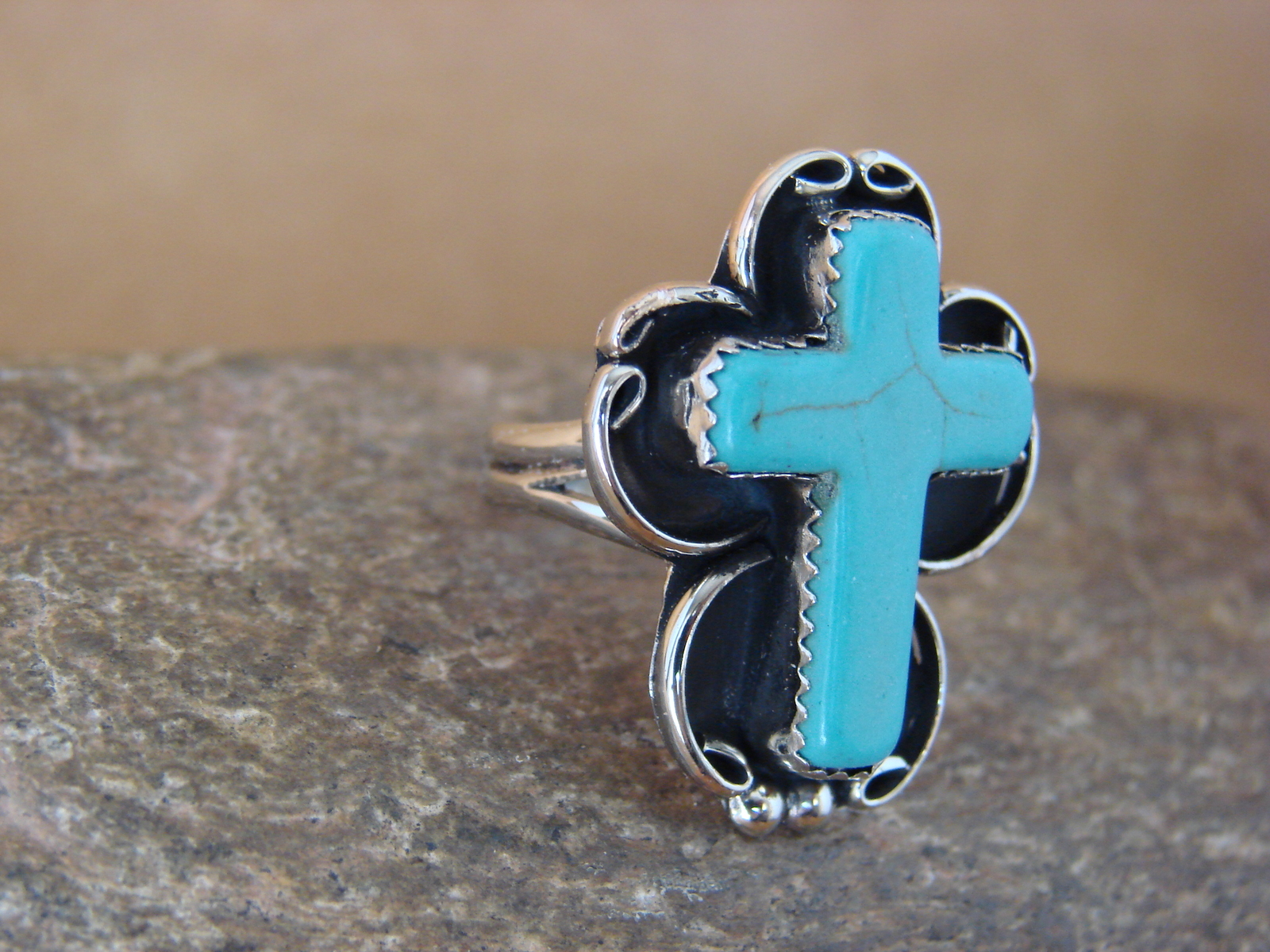 Native American Nickle Silver Turquoise Cross Ring Size 8 by Phoebe Tolta