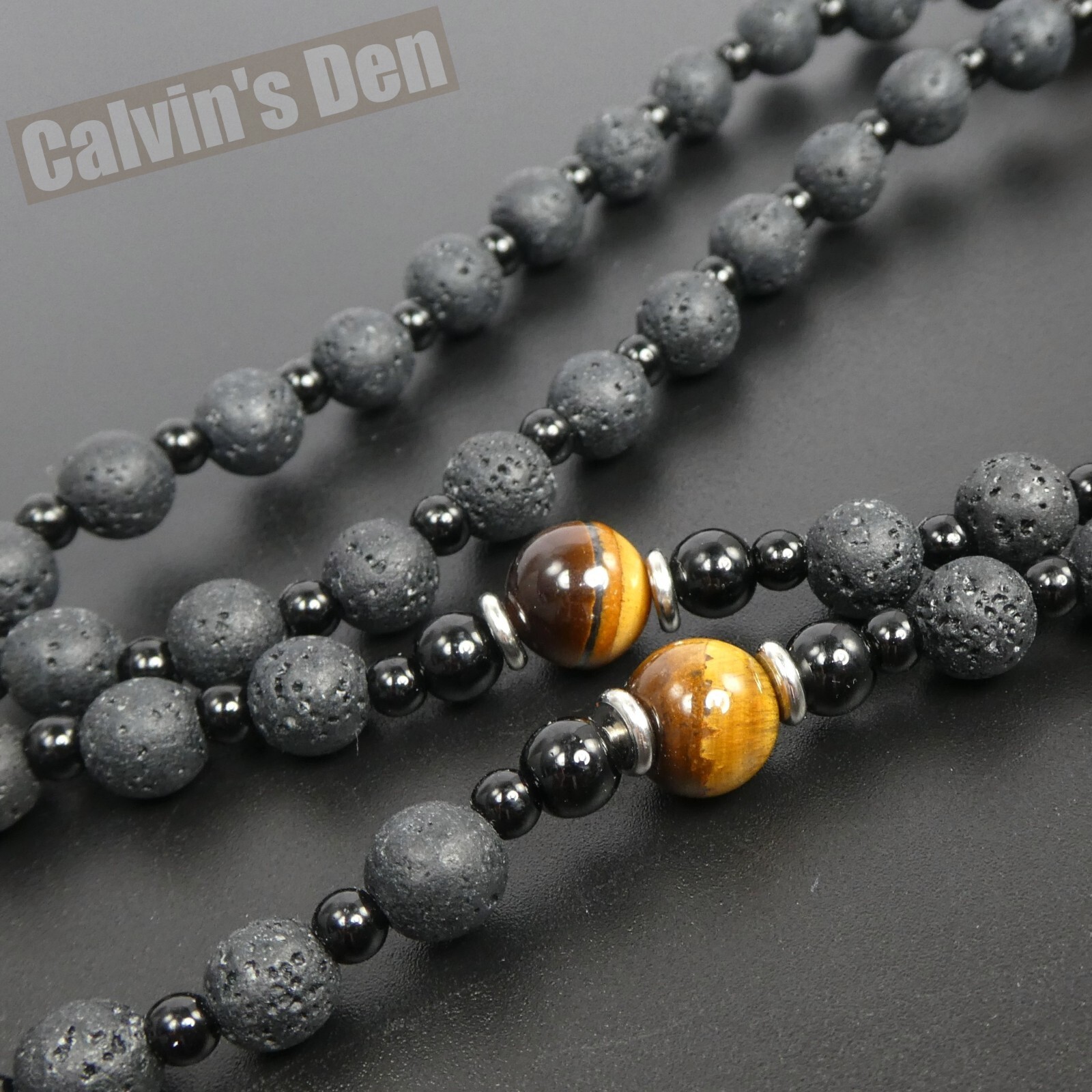 Lava Stone Tiger Eye Black Onyx Black Hematite Cross Rosary Necklace Men Gift