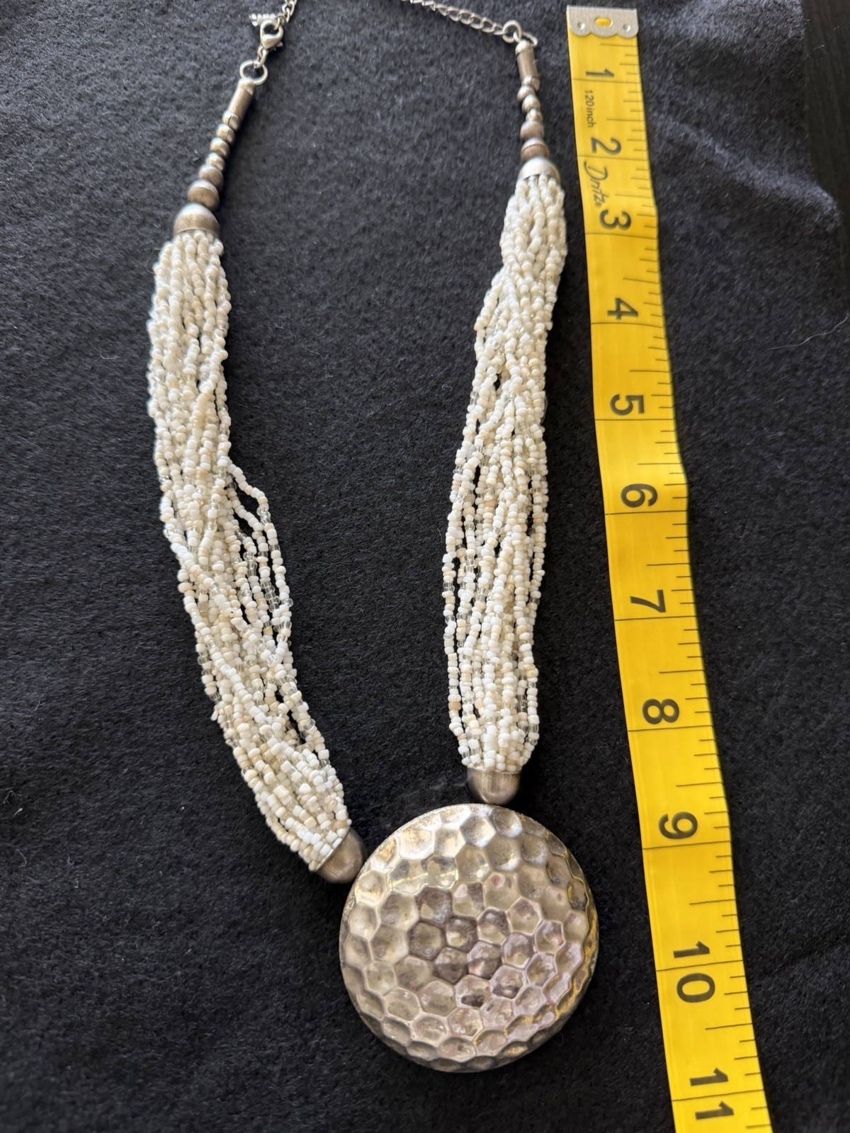 Boho White Multi Strand Seed Bead Statement Necklace Hammered Pendant 20”