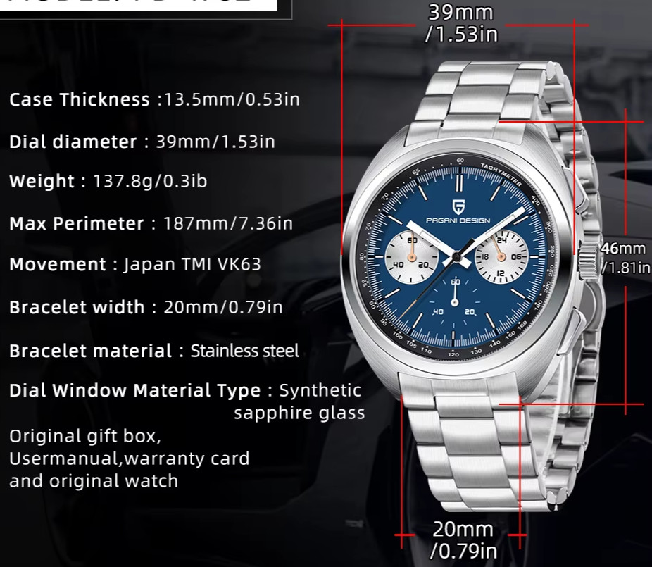 Pagani Design 1782 39mm Retro Turtle Styled Chronograph Sapphire 24hr Seiko VK63