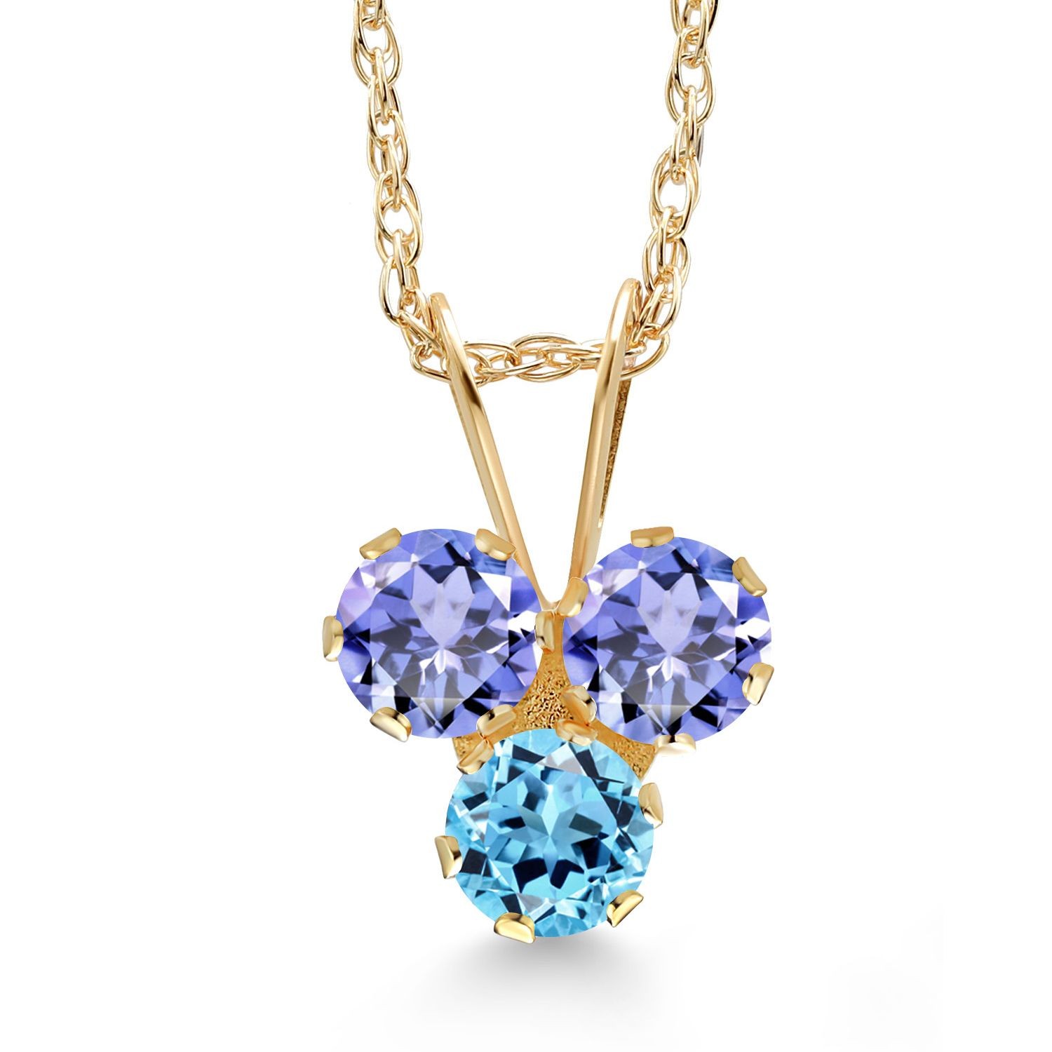 14K Yellow Gold Tanzanite and Swiss Blue Topaz 3-Stone Pendant Necklace For