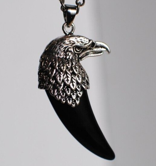 Men’s Eagle Head Black Agate Eagle Claw Pendant Necklace 20 in Chain