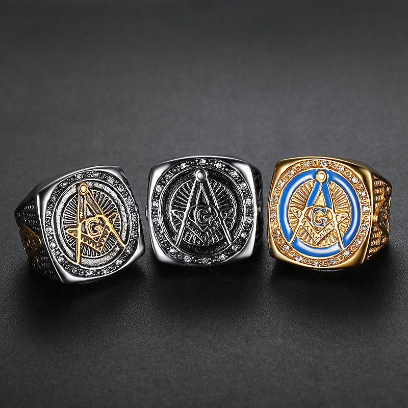 Masonic Ring Freemason Men’s Stainless Steel Crystal Gold Mason G Pillar Cross
