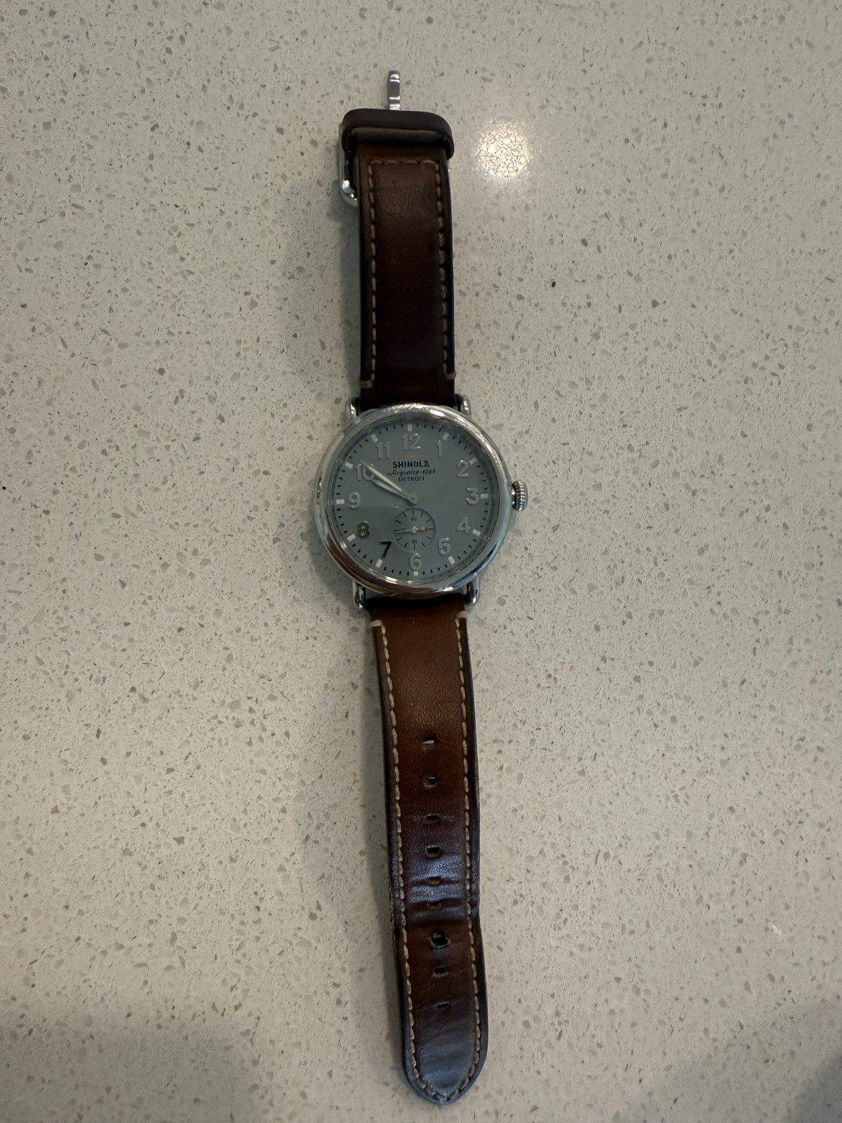 Shinola Runwell Argonite 1069 Quartz Unisex Slate Blue/Brown Leather Watch 41mm