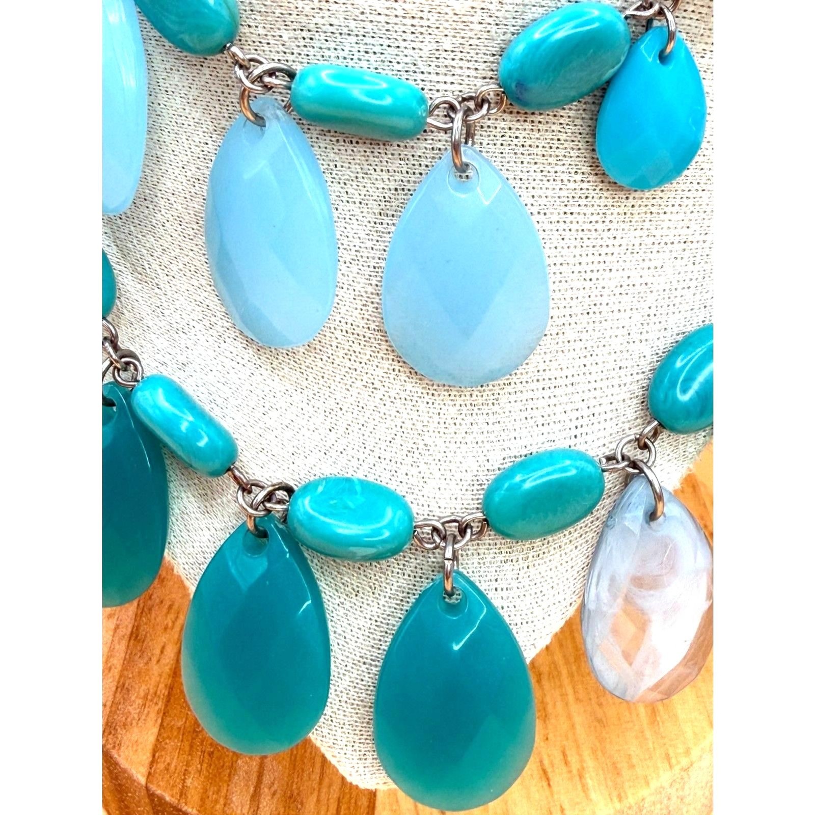 90s turquoise Teal Layered Statement Bib Necklace Silver Tone Boho 26.9′