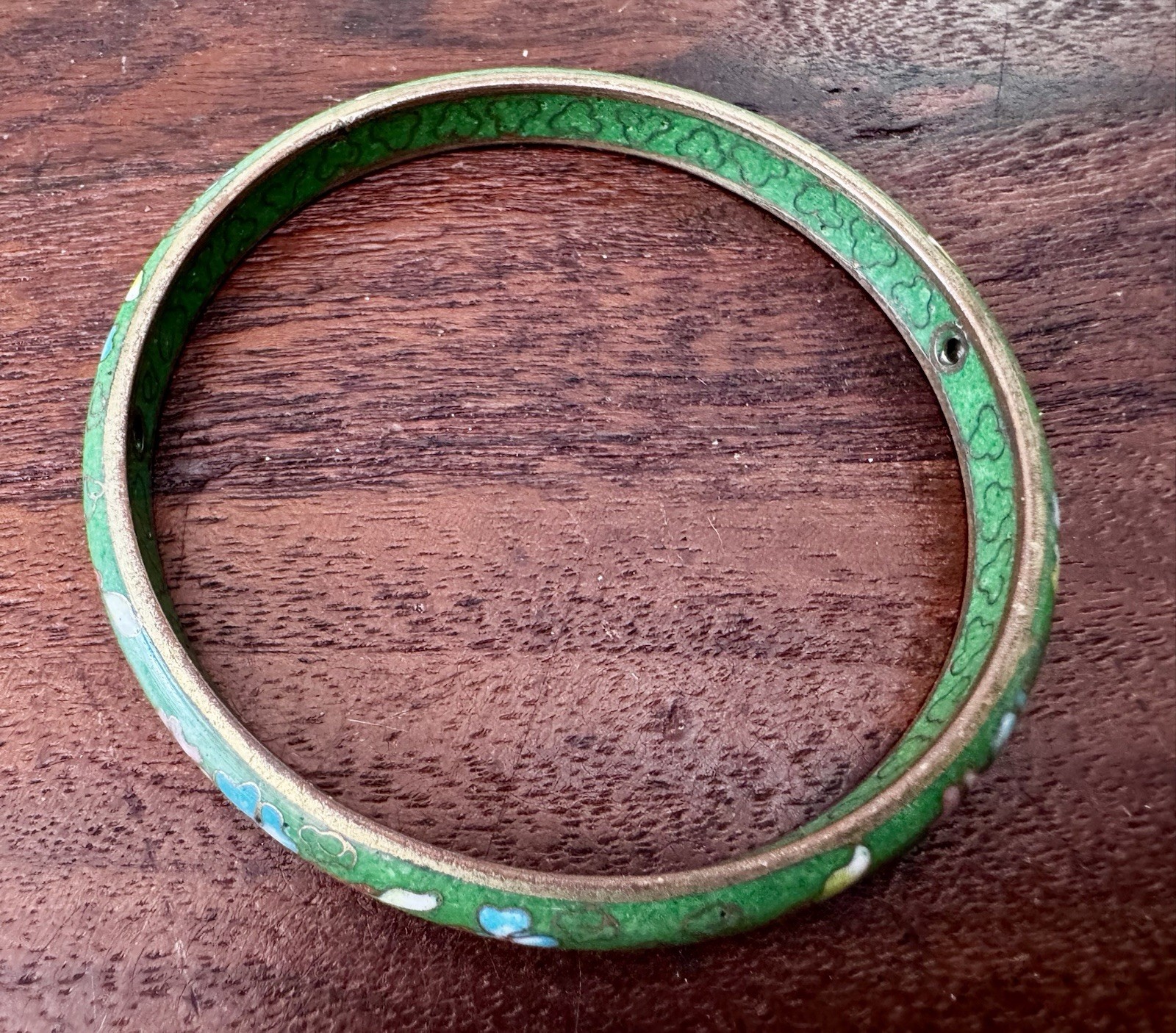 Vintage Green Brass Floral Design Cloisonne Enamel Skinny Bangle Bracelet Asia