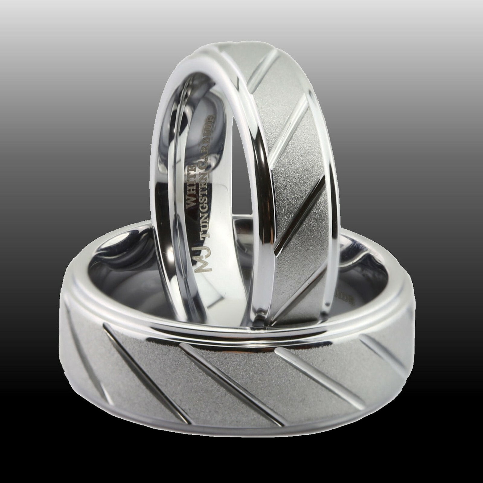 White Tungsten Carbide Band 6mm or 8mm Sand Blasted with Diagonal Lines Ring