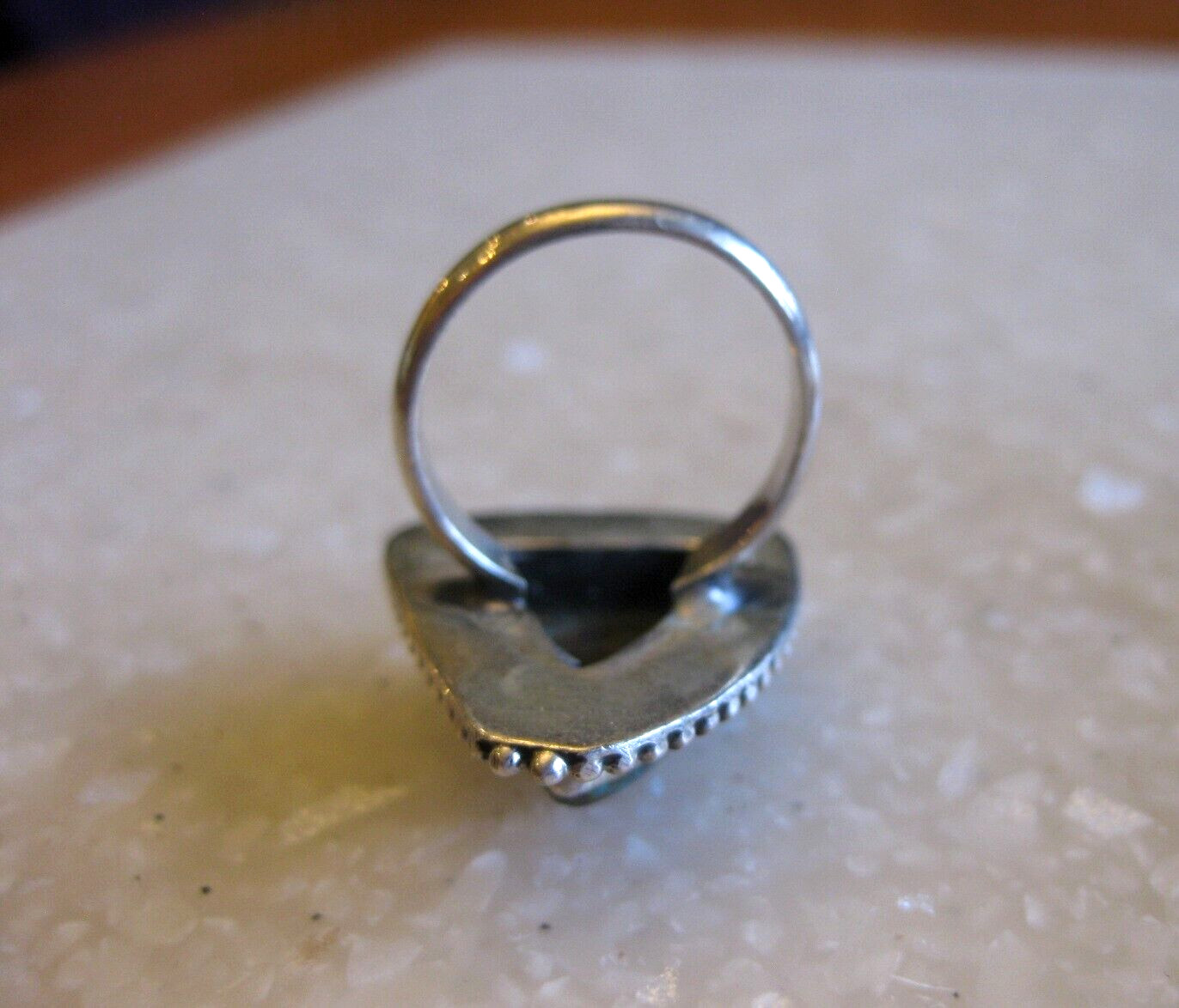 Sterling Ring w/ Natural Stone, Turquoise? Edged w/ Row of Tiny Balls / 6 3/4