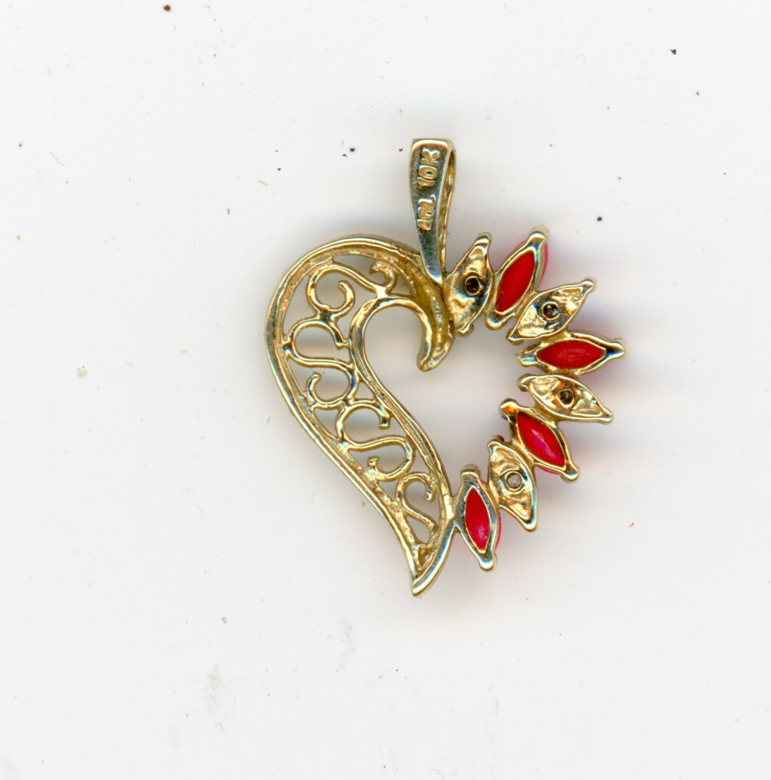 10K Solid Yellow Gold Ruby Diamond Small Petite Open Heart Pendant 1.1 Gram