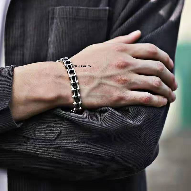 Solid S925 Sterling Silver Bracelet 10m13mm Punk Bike Link Chain 7.5-8.7in