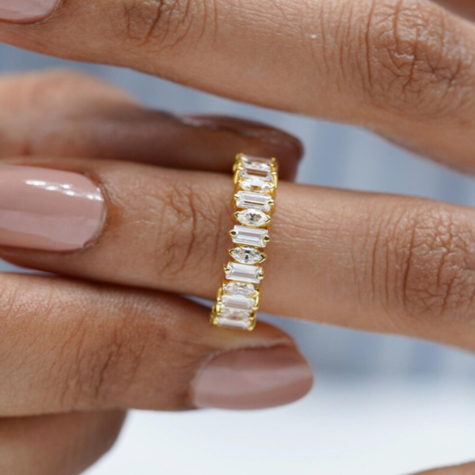 Solid 14k Yellow Gold 2.50mm Baguette & Marquise Lab Grown Diamond Wedding Band