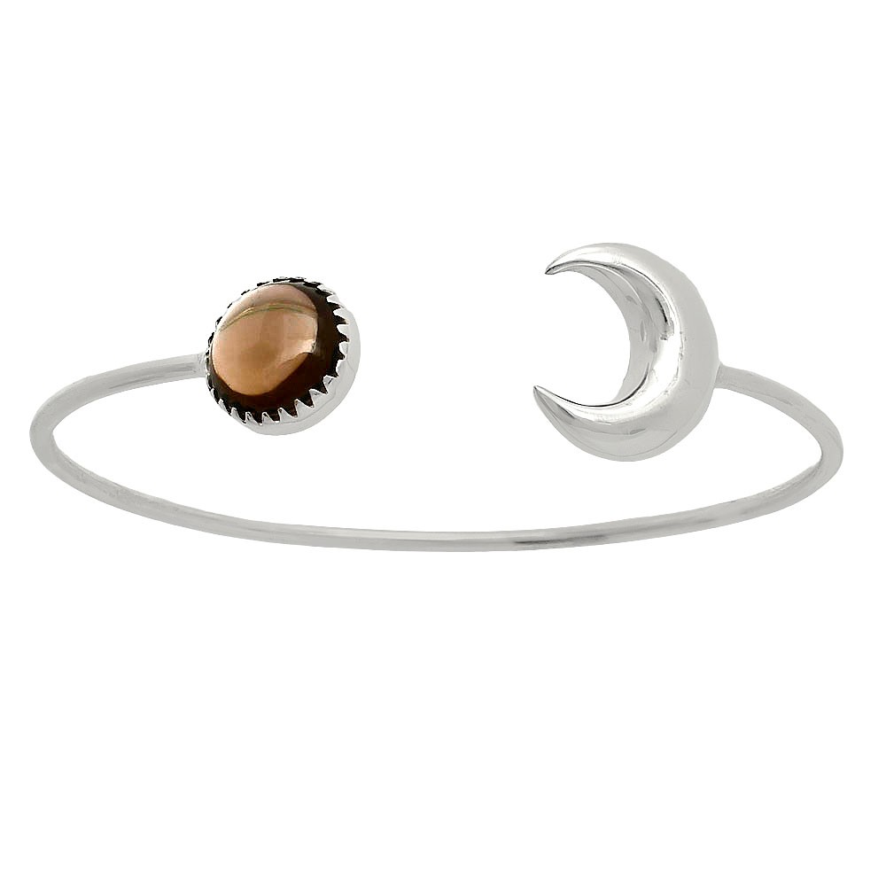 Premium Crescent Moon – Smoky Quartz Cab 925 Silver Cuff Bangle Bracelet B-1046