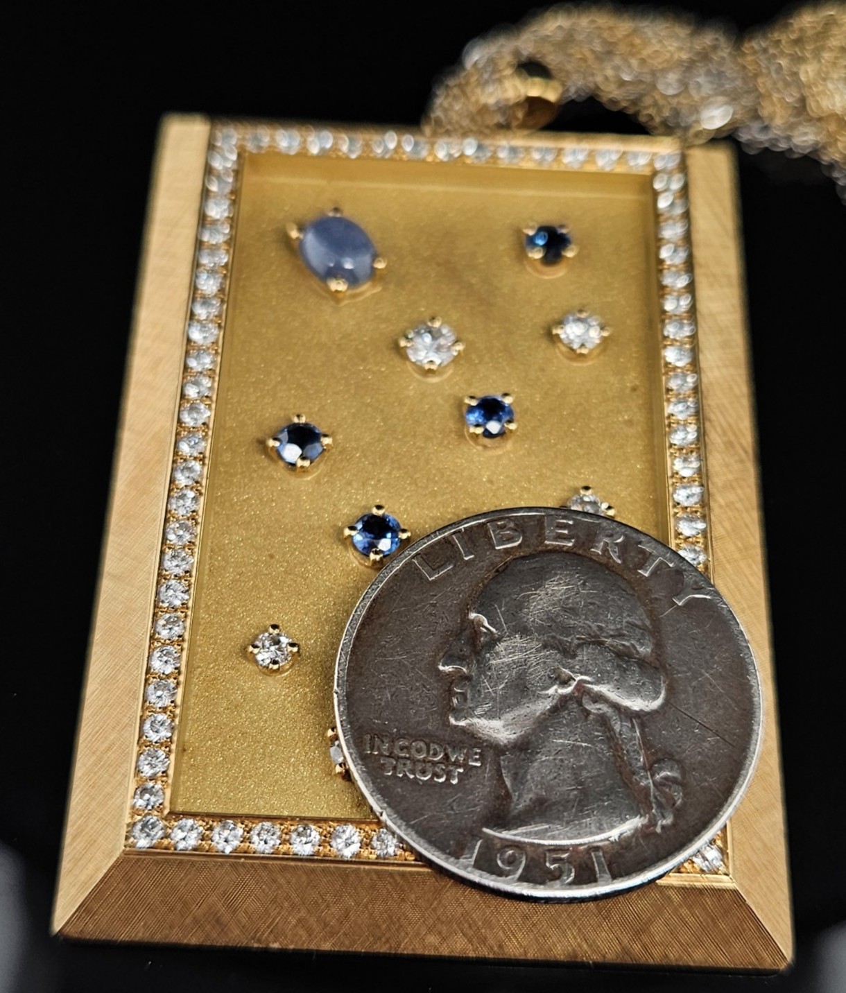 18K Gold DIAMOND STARRY NIGHT WINDOW Pendant Necklace Star Sapphire 45 Grams