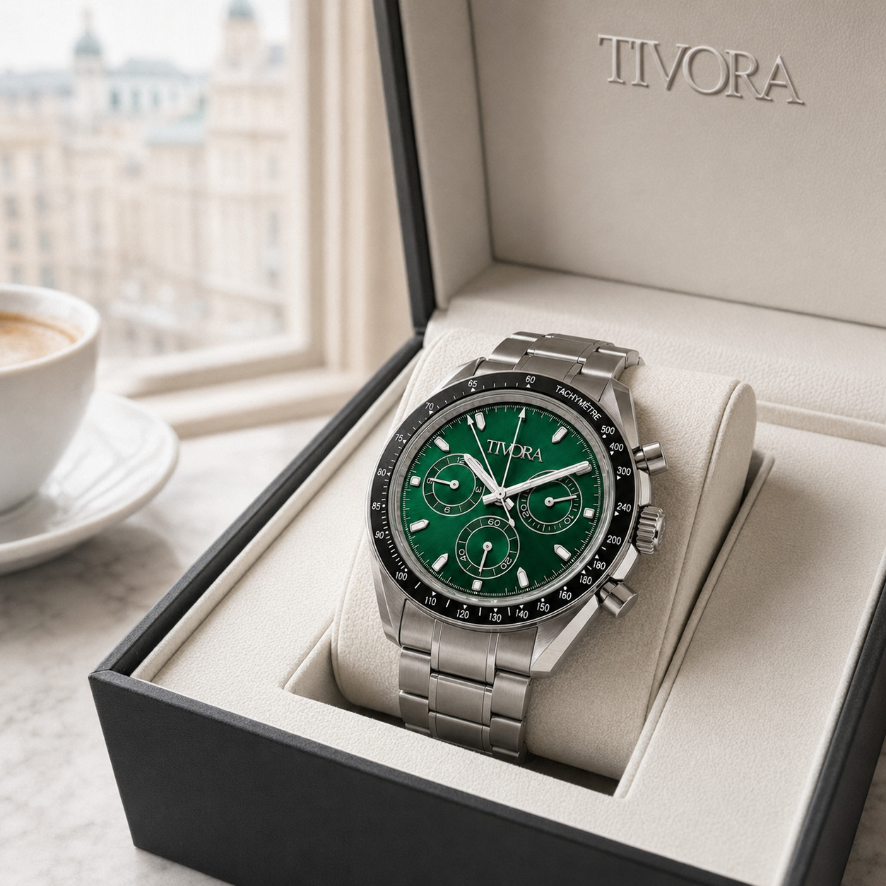 TÍVORÁ Veyron Argent Steel Irish Emerald Dial – Custom Branded Automatic Chronog