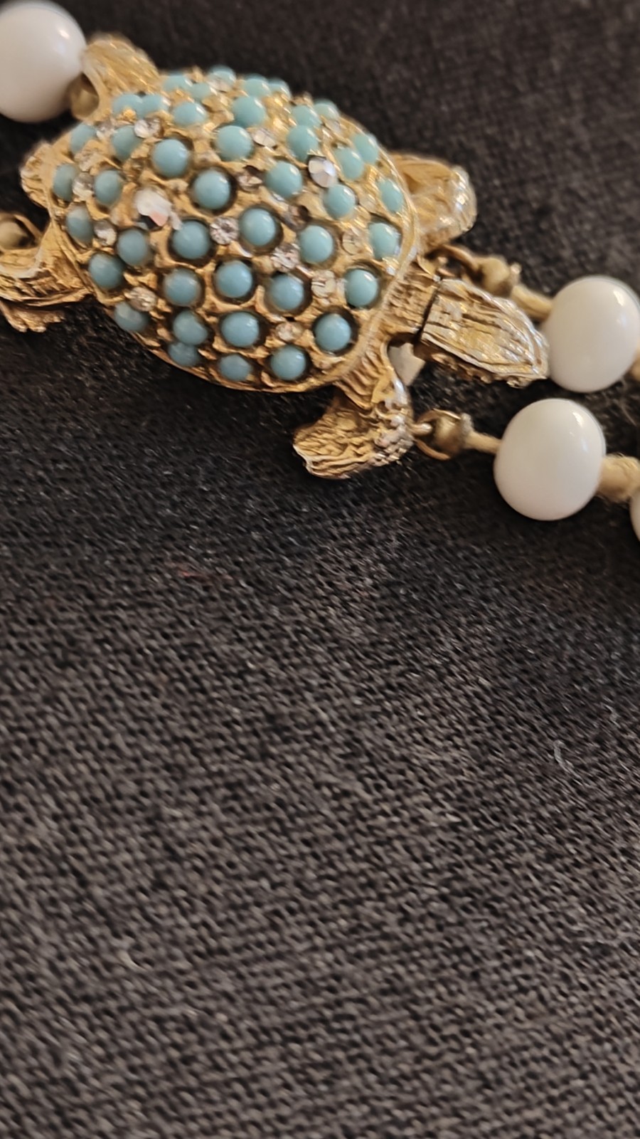 Wh Vtg Knotted Bead Dbl Strand Choker Necklace Rhinestone Seed Bead Turtle Clasp