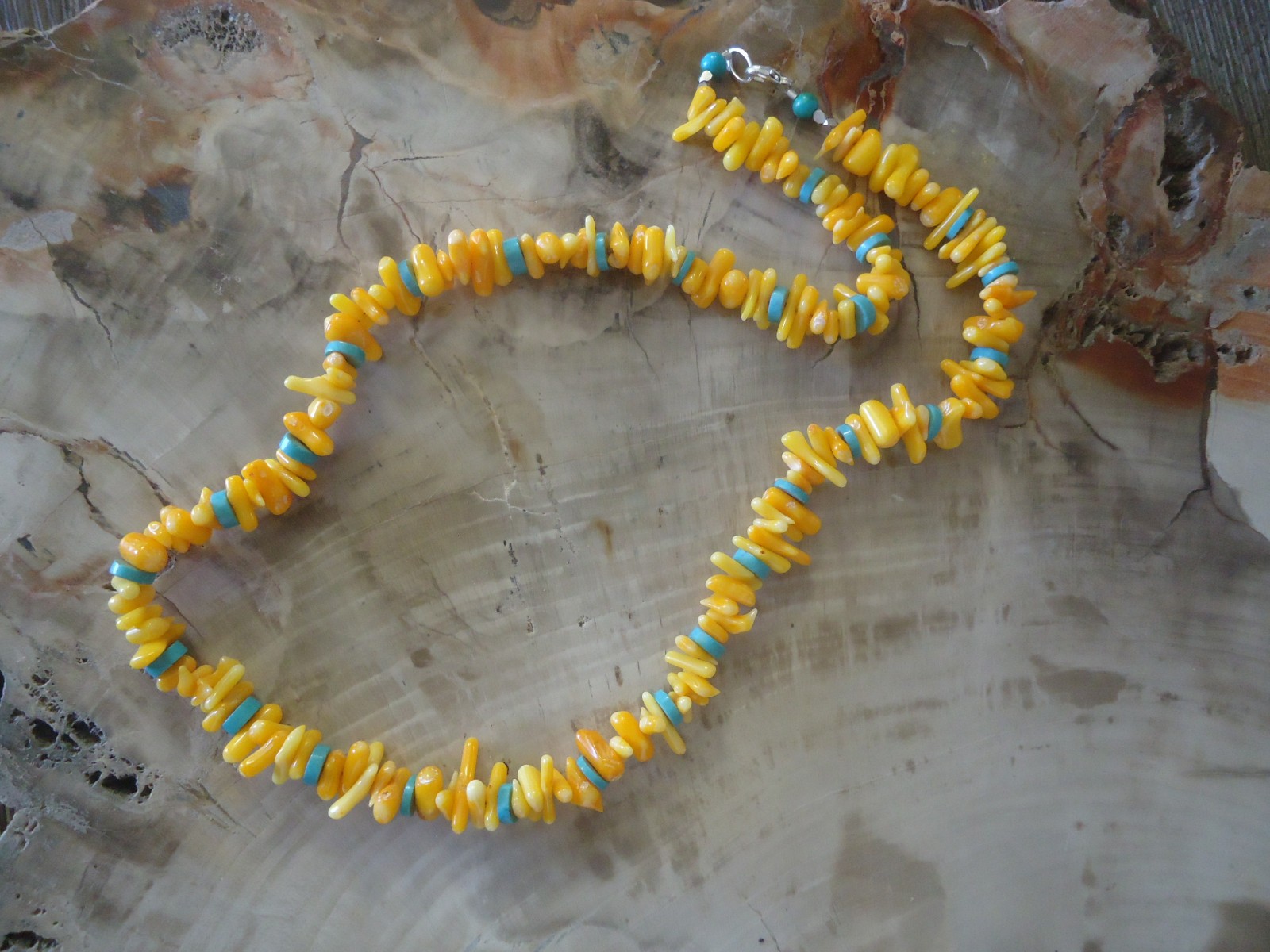 Unisex Orange Shell and Turquoise Beaded Necklace, 20″ Long, Sterling Clasp
