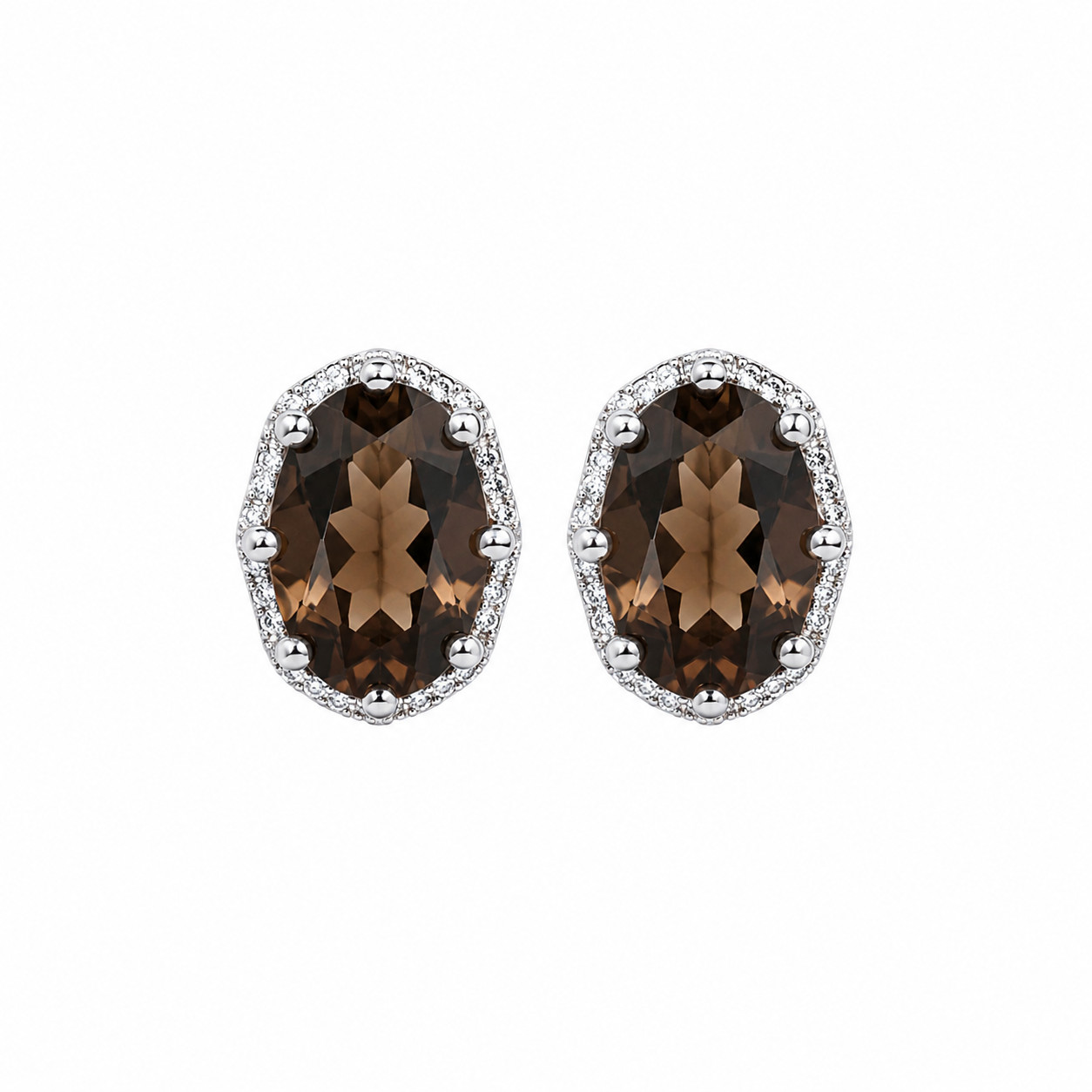 Natural 5x7mm Smoky Quartz Halo Stud Earrings 925 Sterling Silver CZ Oval