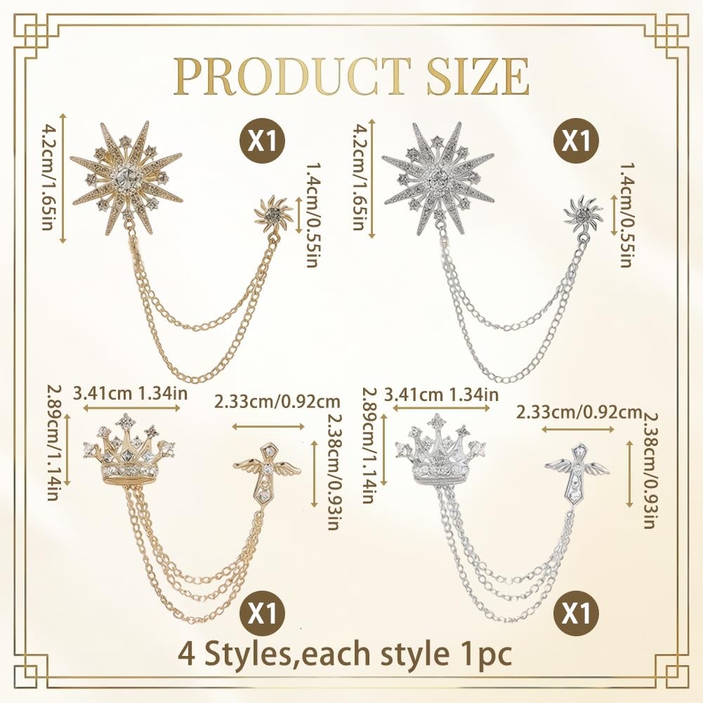 Crystal Men’s Crown Star Hanging Chain Brooch Suit Pin with Crystal Chains and